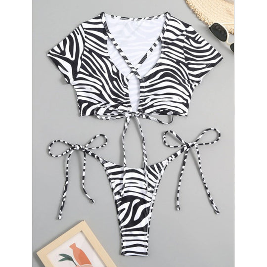 Damen Bikini-Set mit stylischen Schnürdetails und aufregendem Zebra-Muster EB