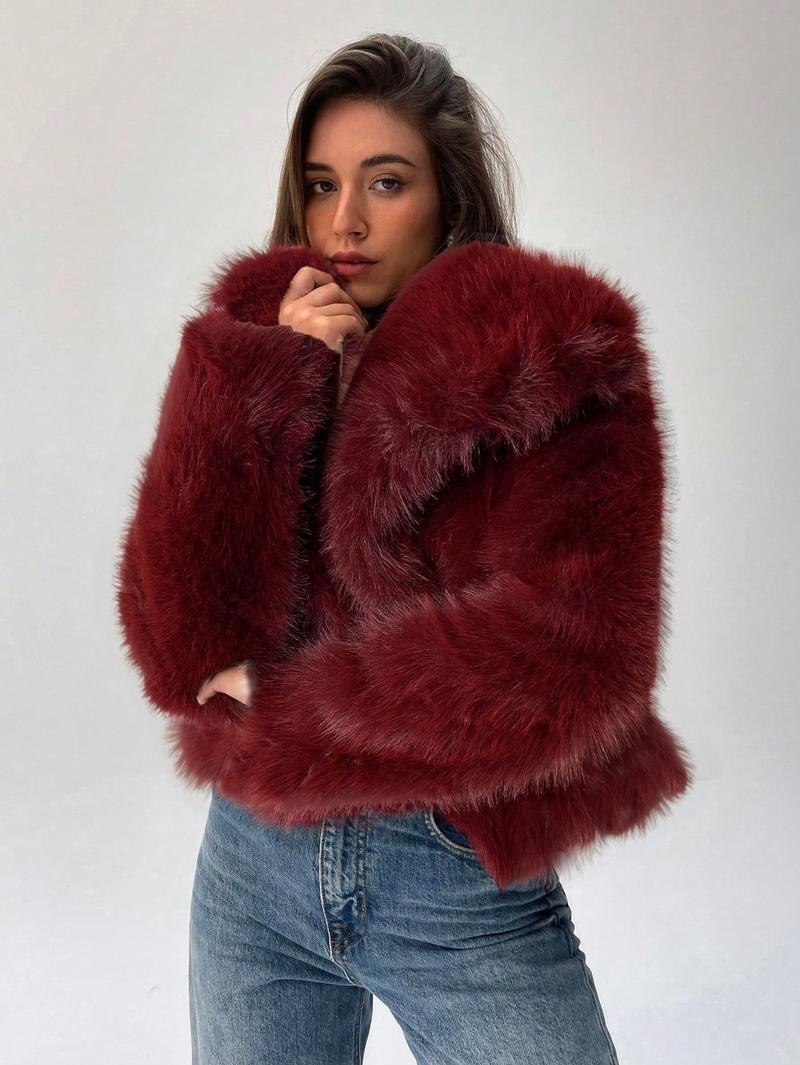 Damen Modischer Kunstpelz-Cropped-Jacke mit voluminösen Ärmeln EB
