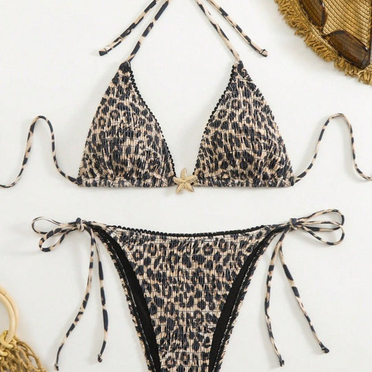 Damen Triangel-Bikini mit modischem Leopardenmuster und seitlichen Bindebändern EB