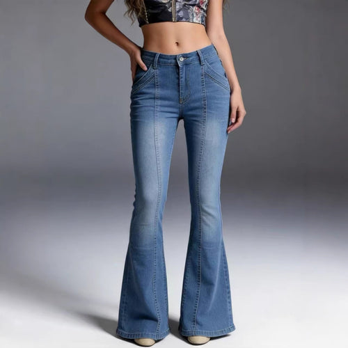 Damen nan hochgeschnittene taillierte Flared-Jeans mit mittiger Nahtführung und figurformender Hüftpartie EB