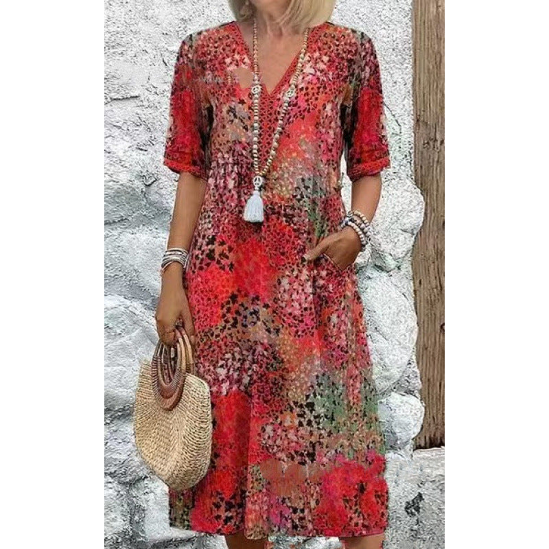 Damen Strandkleid im lässigen Stil mit Taschen und V-Ausschnitt EB