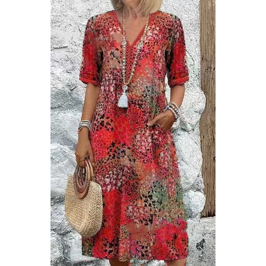 Damen Strandkleid im lässigen Stil mit Taschen und V-Ausschnitt EB