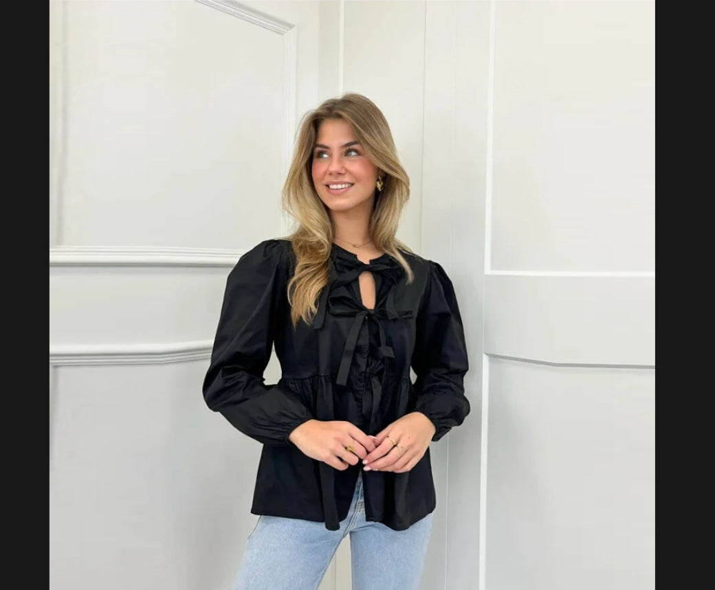 Damen elegante Bluse mit Rüschendetails und Bindeband EB