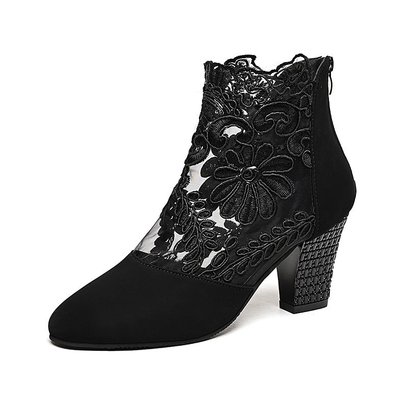 Damen Elegante Schnürstiefeletten mit floralem Spitzen-Design und blockiertem Absatz EB
