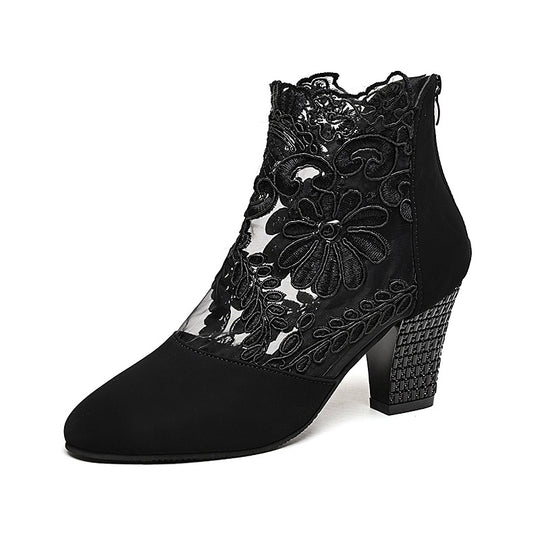 Damen Elegante Ankle Boots mit floralem Spitzeinsatz und luxuriösem Blockabsatz EB