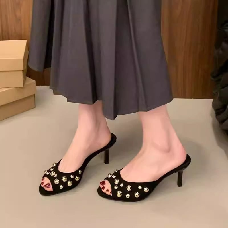 Damen elegante Mules mit dekorativen Perlen EB
