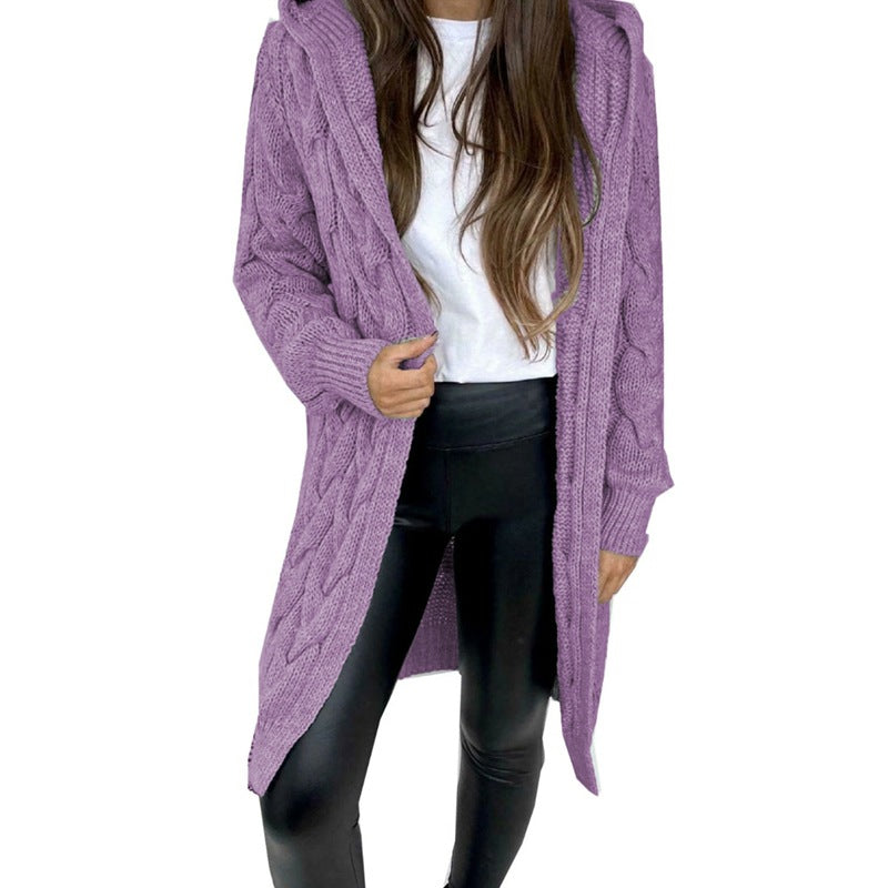 Damen lange Strickjacke mit Kapuze und Zopfmuster EB