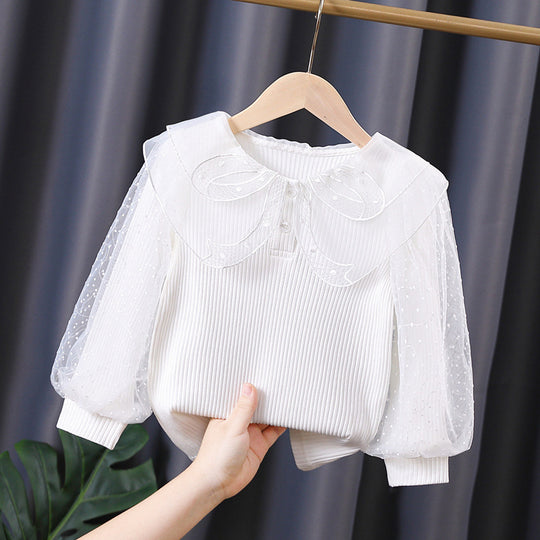 Damen elegante Bluse mit Puffärmeln und Spitzenkragen EB