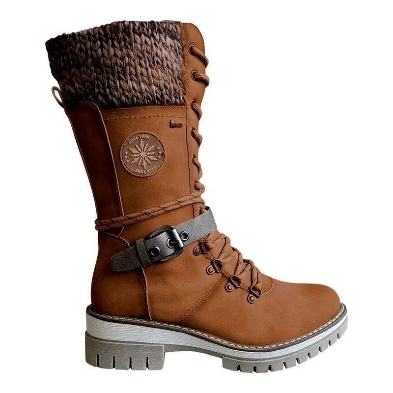 Damen nan gefütterte Schnürstiefel mit gestricktem Schaftbund, dekorativem Schnallenriemen und profilierter Gummisohle EB