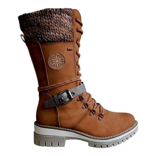 Damen nan gefütterte Schnürstiefel mit gestricktem Schaftbund, dekorativem Schnallenriemen und profilierter Gummisohle EB