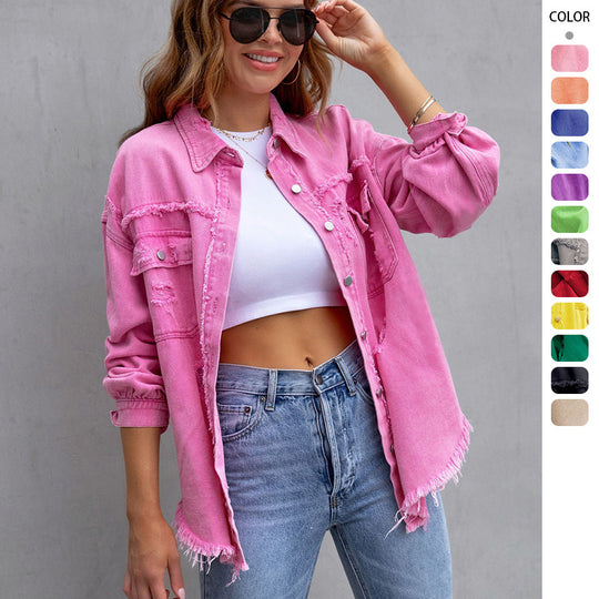 Damen Jeansjacke im lässigen Oversize-Schnitt mit fransigen Details EB