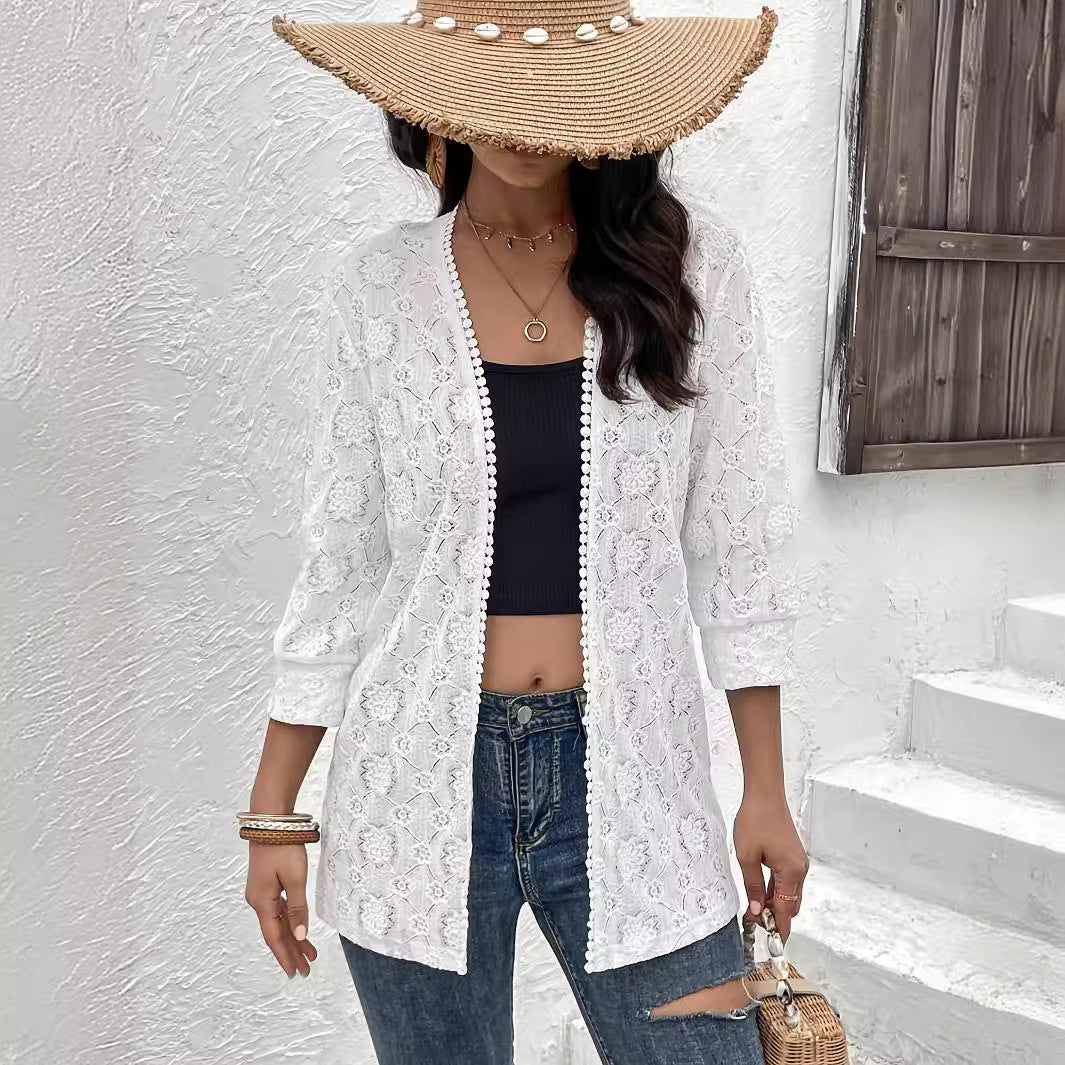 Damen Spitzen Kimono-Cardigan mit feinen Stickereien EB