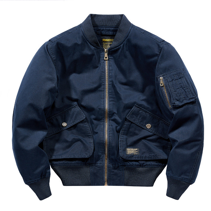 Men's  rugged cotton-twill short-length flight bomber with oversized angled flap pockets and zip sleeve tool pouch EB