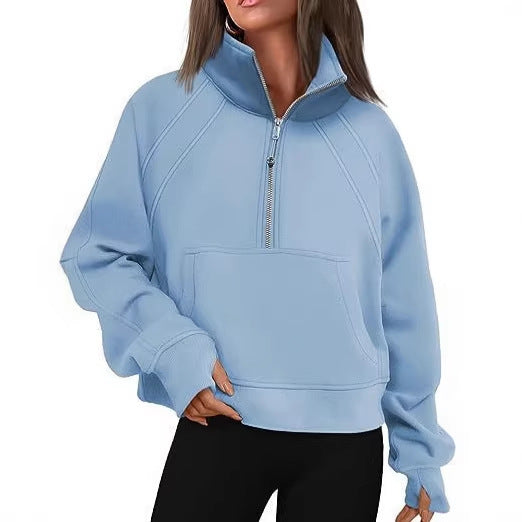 Damen nan weit geschnittenes Kurzpullover mit Stehkragen, halbem Reißverschluss und Kängurutasche EB