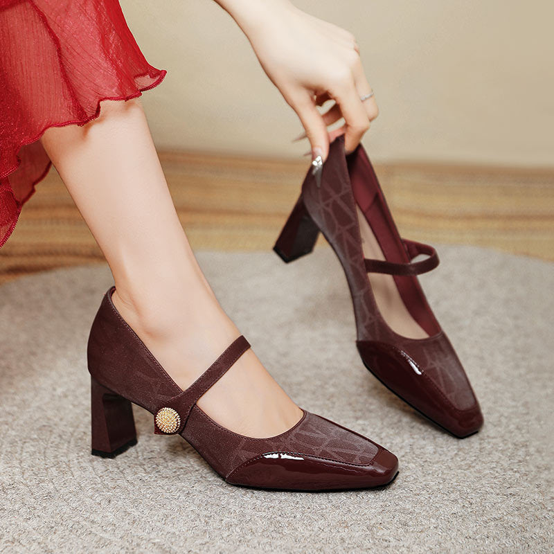 Damen Elegante Mary Jane Pumps mit modischem Riemen und glänzendem Absatz EB