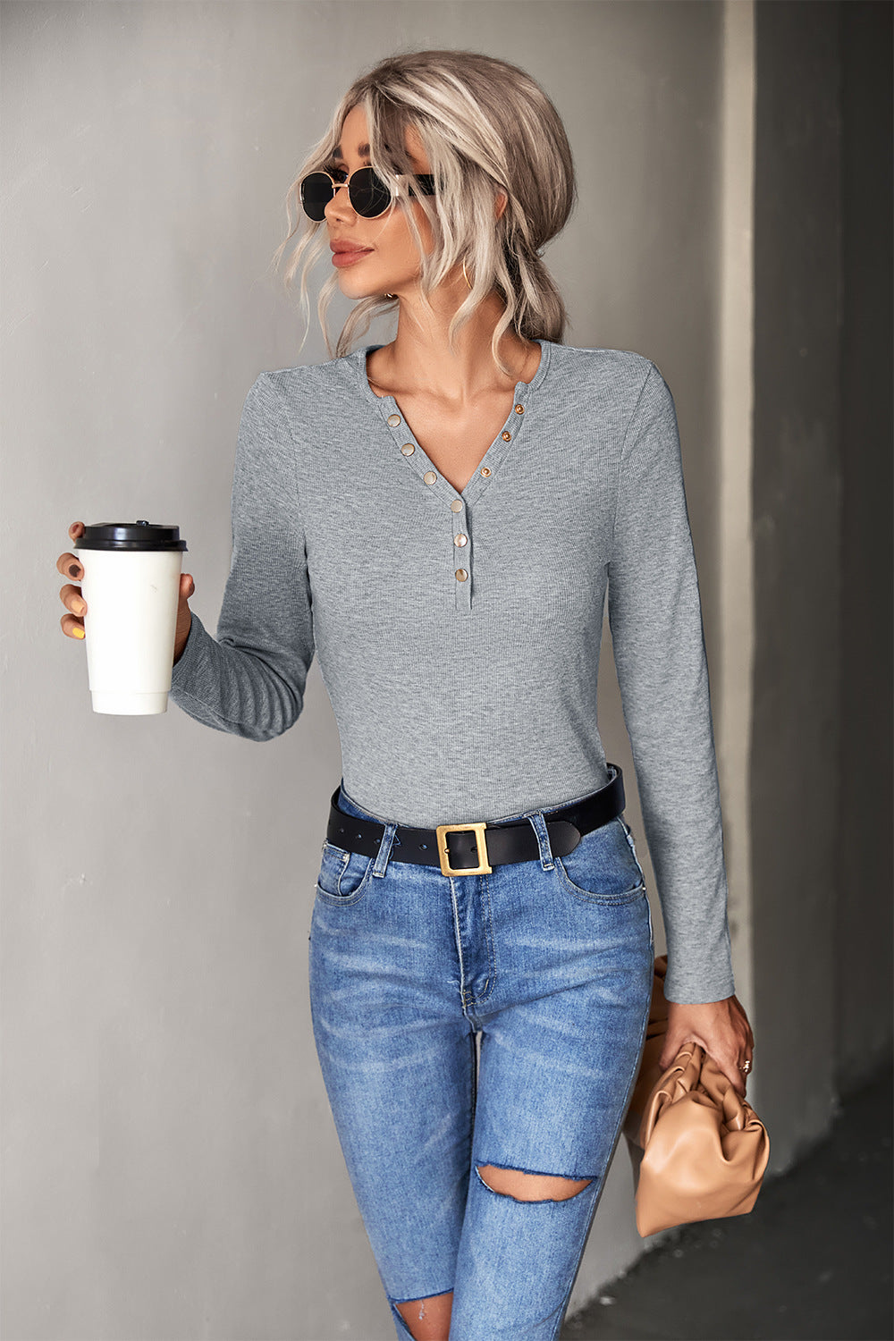 Damen Langarmshirt mit modischer Knopfleiste EB