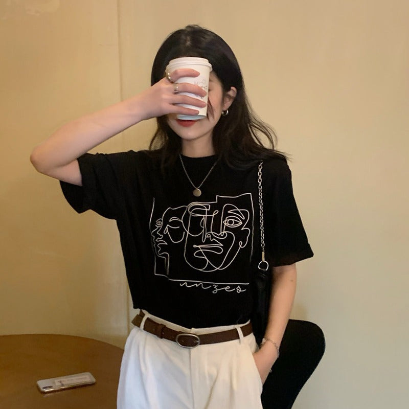 Damen Grafik T-Shirt mit modernem Linienkunst-Motiv und lässiger Passform EB
