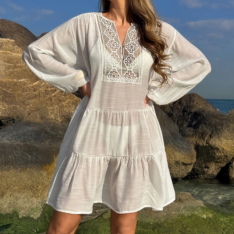 Damen luftiges Strandkleid mit Spitzenbesatz und Wasserfall-Saum EB
