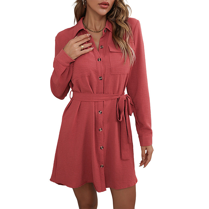 Damen Hemdblusenkleid mit praktischen Taschen und Bindegürtel EB