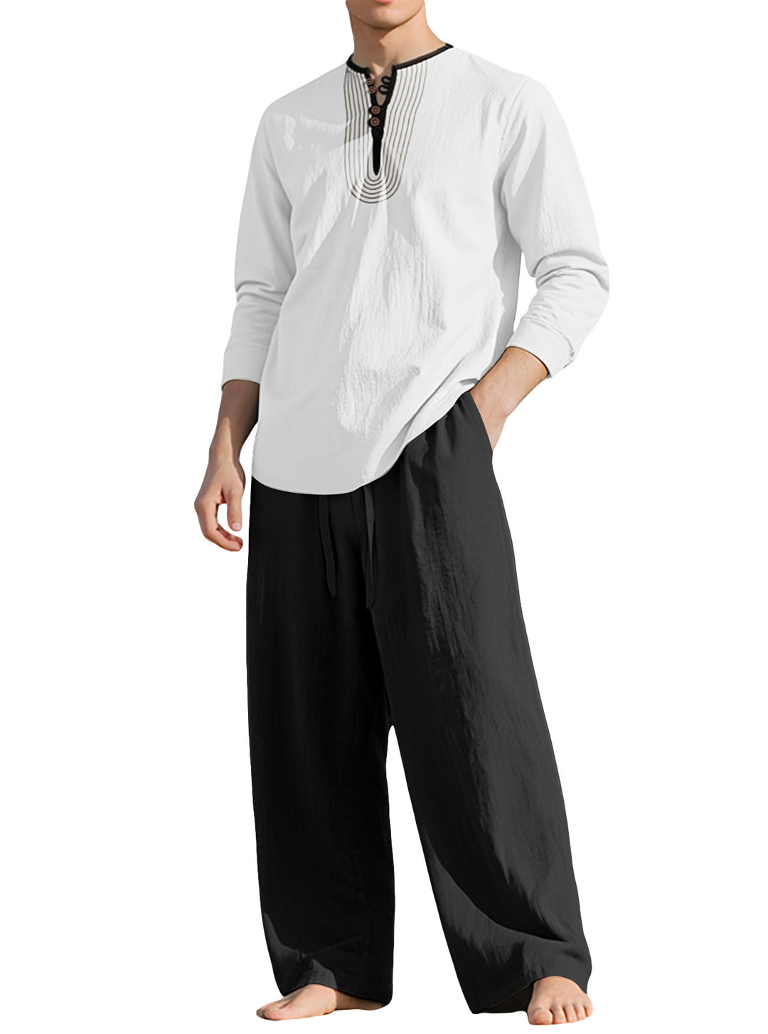 Herren nan Tunika- und Palazzohose-Set mit Henley-Blende, Zierstickerei und weitem Schnitt EB