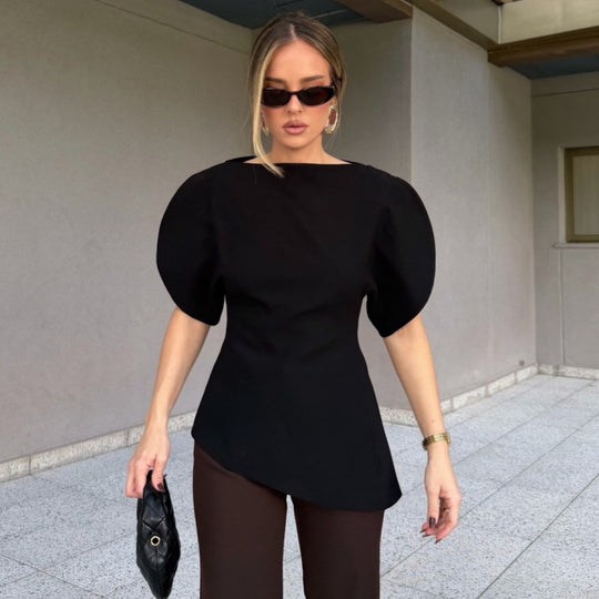 Damen Bluse mit voluminösen Puffärmeln und asymmetrischem Saum EB