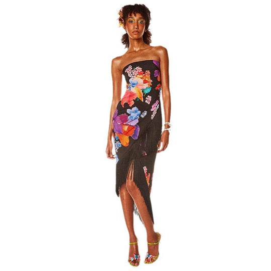 Damen Cocktailkleid mit raffinierten Fransen und floralem Print EB