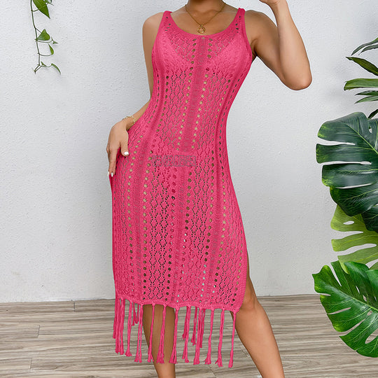 Damen Sommerliches Häkelkleid mit Fransen und seitlichem Schlitz EB