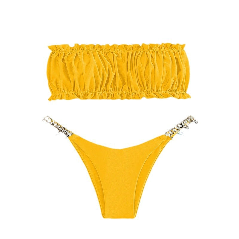 Damen Bandeau-Bikini mit Rüschendetails und eleganten Perlendekoren EB