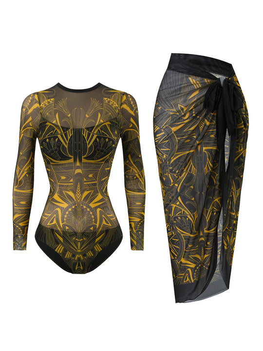 Damen Badeanzug mit elegantem transparentem Wickelrock EB