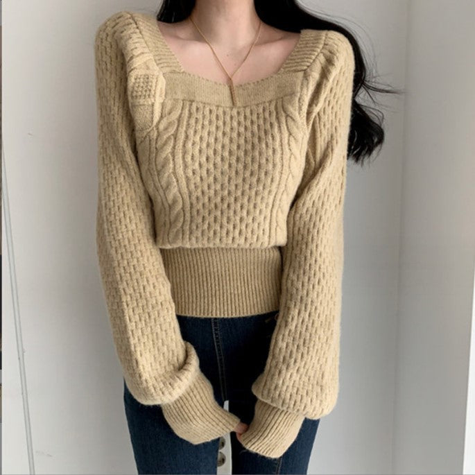 Damen Grobstrickpullover mit modernen Zopfdetails und quadratischem Ausschnitt EB
