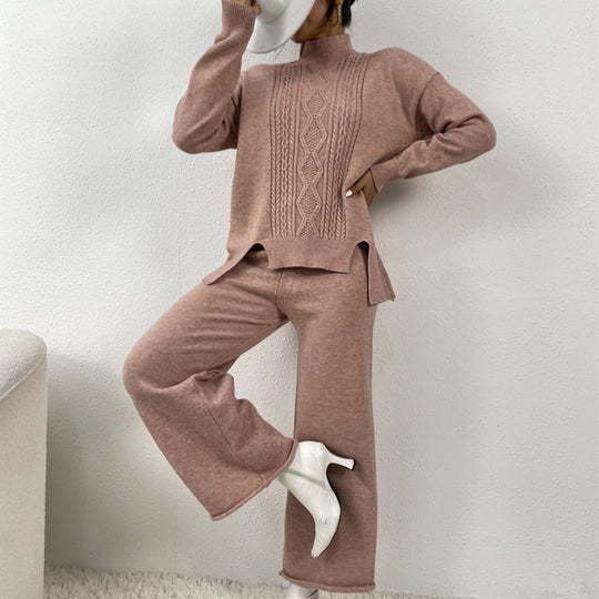 Damen eleganter Strickanzug mit hohem Kragen und farbenfrohem Muster EB