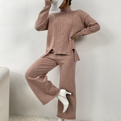 Damen eleganter Strickanzug mit hohem Kragen und farbenfrohem Muster EB