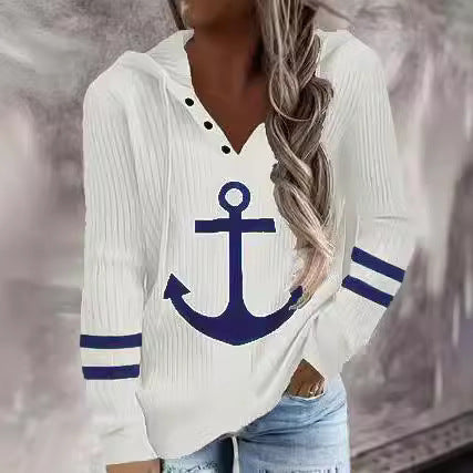 Damen Kapuzenpullover mit maritimem Anker-Design und strukturiertem Stoff EB