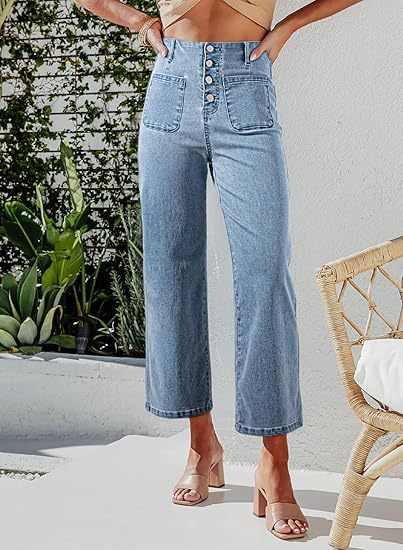 Damen High-Waist Jeans mit Knopfdetail und weitem Bein EB