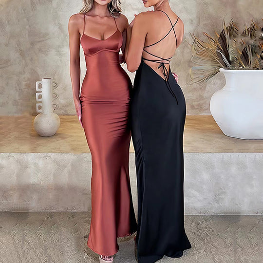 Damen Glamouröses Langarm-Maxi-Kleid mit verstellbaren Trägern und figurbetontem Schnitt EB