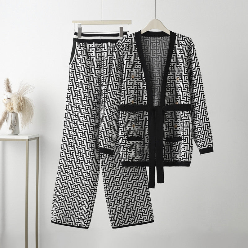 Damen lässiges Strick-Loungewear-Set mit geometrischem Muster EB