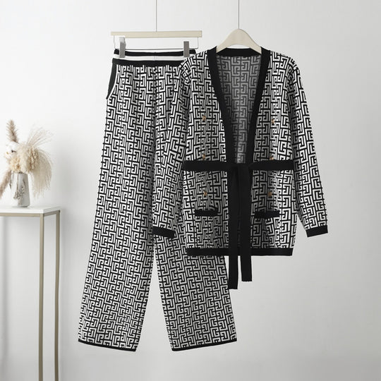 Damen lässiges Strick-Loungewear-Set mit geometrischem Muster EB