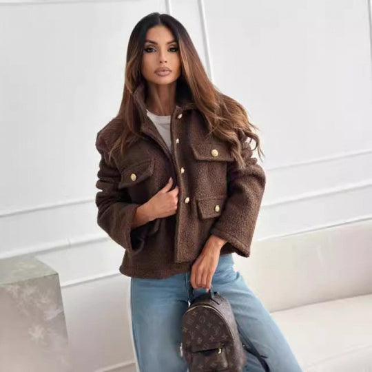 Damen-Plüsch-Strukturjacke mit Utility-Taschen EB