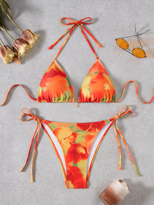 Damen Triangel-Bikini mit floralem Design und verstellbaren Bindebändern EB