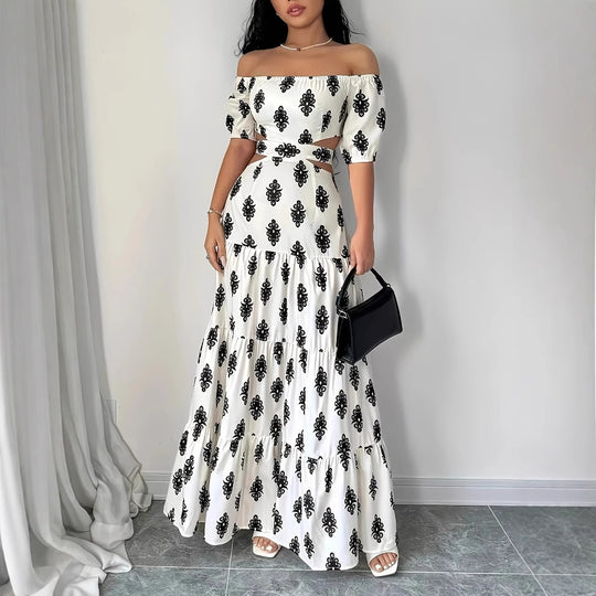 Damen Off-Shoulder Maxikleid mit Rüschendetails und floralen Mustern EB