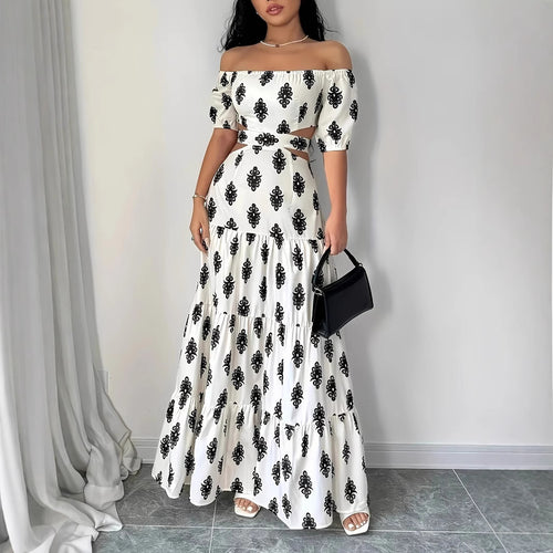 Damen Off-Shoulder Maxikleid mit Rüschendetails und floralen Mustern EB