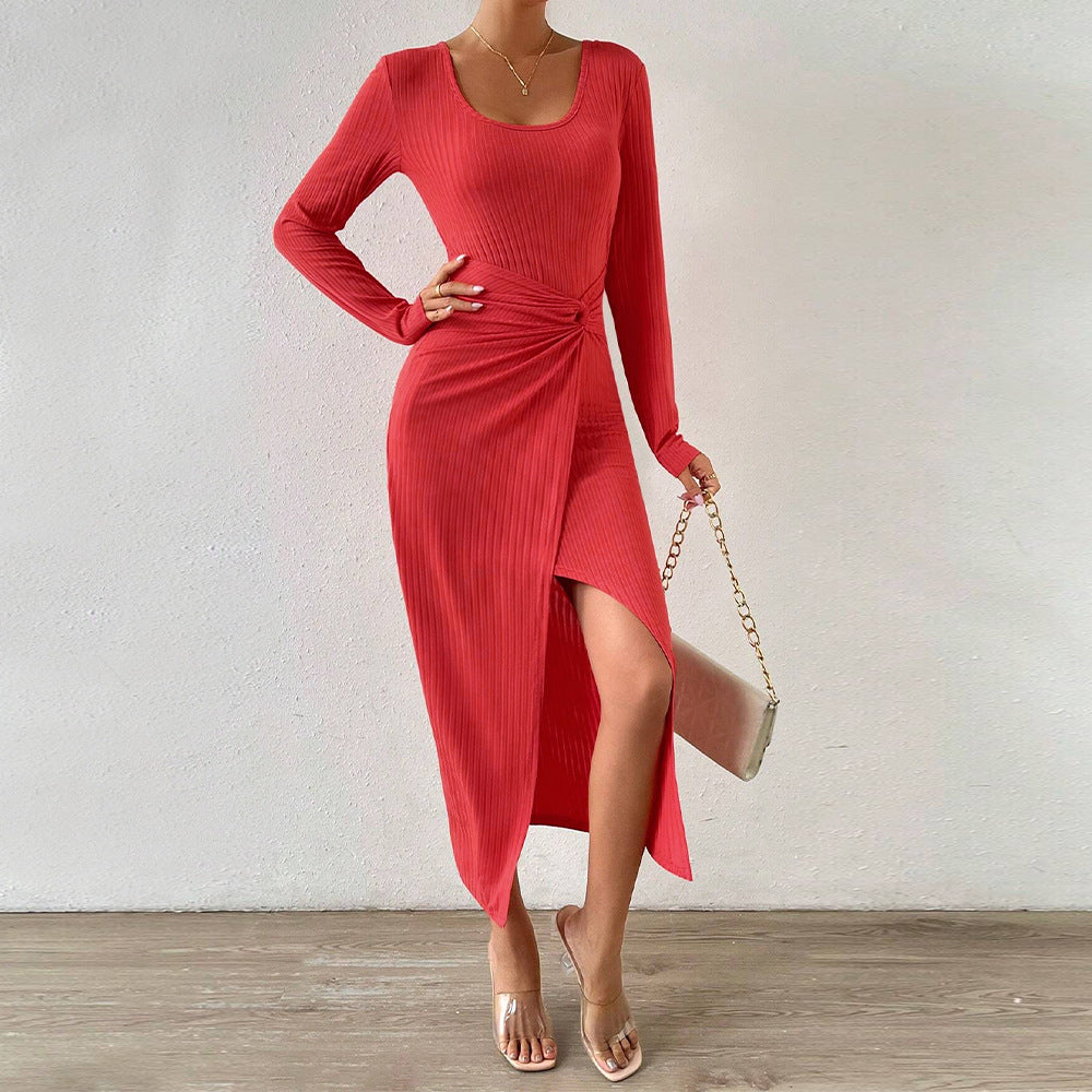Damen gerafftes Maxikleid mit Knotendetail, figurbetonter Rippenstruktur und hohem Seitenschlitz Eichborn Berlin
