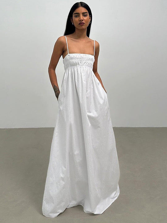 Damen Maxi-Kleid mit gerafftem Oberteil und seitlichen Taschen EB