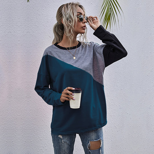 Damen sportlicher Sweatshirt mit modischem Farbblockdesign EB