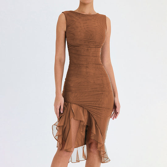 Damen figurbetontes Cocktailkleid mit raffinierten Rüschendetails und asymmetrischem Saum EB
