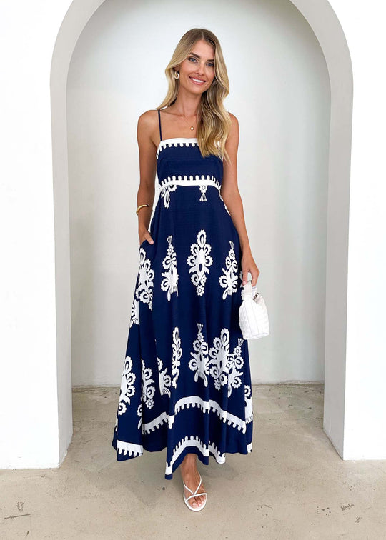 Damen Maxikleid mit floralem Muster und schwingendem Rock EB