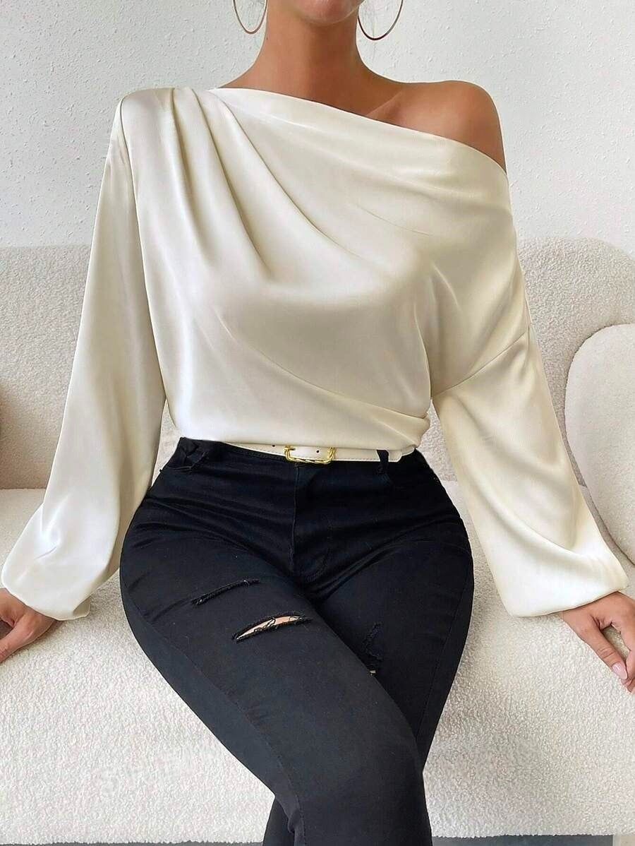 Damen Satin-Oberteil mit asymmetrischem Ausschnitt und fließendem Schnitt EB