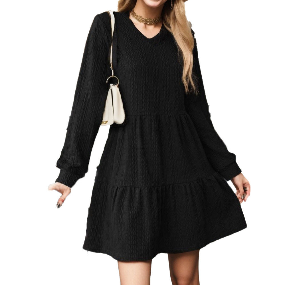 Damen Strickkleid mit V-Ausschnitt und voluminösem Rock EB
