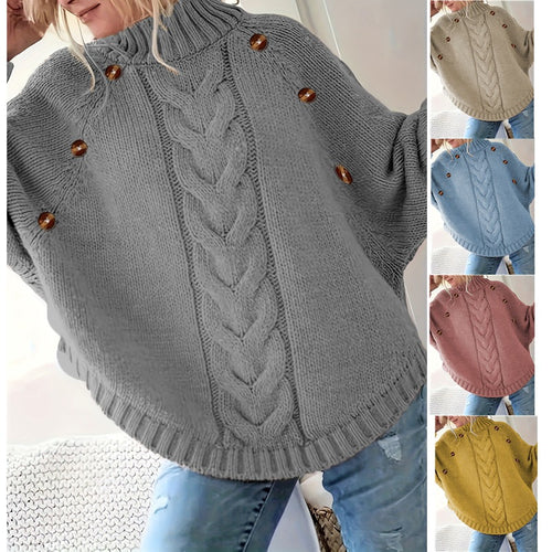 Damen Grobstrickpullover mit hochgeschlossenem Kragen und dekorativen Knöpfen EB