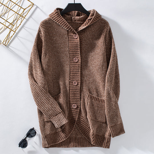 Damen lässiger Strickmantel mit Kapuze EB